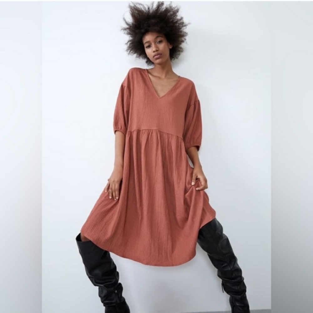 Zara, terracotta oversized dress bubble sleeves, size S